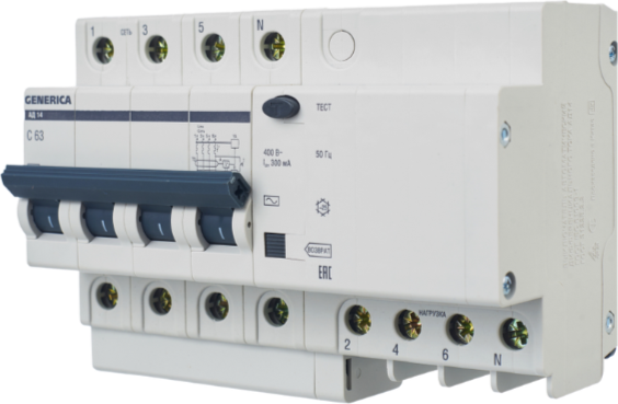 Изображение товара Дифференциальный автомат Generica АД14 4Р 63А 300мА / MAD15-4-063-C-300