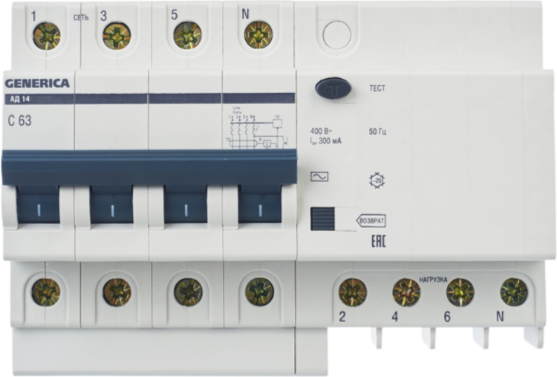 Изображение товара Дифференциальный автомат Generica АД14 4Р 63А 300мА / MAD15-4-063-C-300