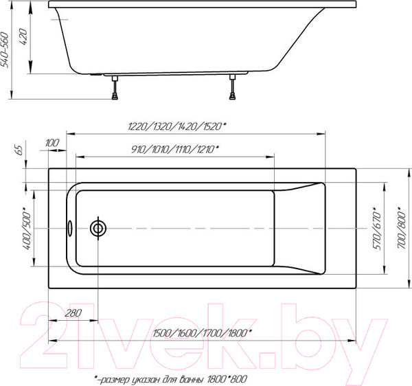 Изображение товара Ванна акриловая Aquatek Колибри 80x180 / KL180-0000001