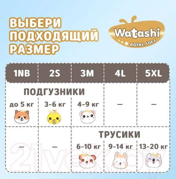 Изображение товара Подгузники-трусики детские Watashi Royal Soft 4 L 9-14кг (56шт)