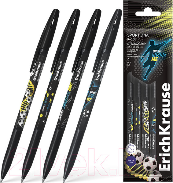 Набор шариковых ручек Erich Krause R-301 Sport DNA Stick&Grip / 61007 (4шт, синий) — фото 6