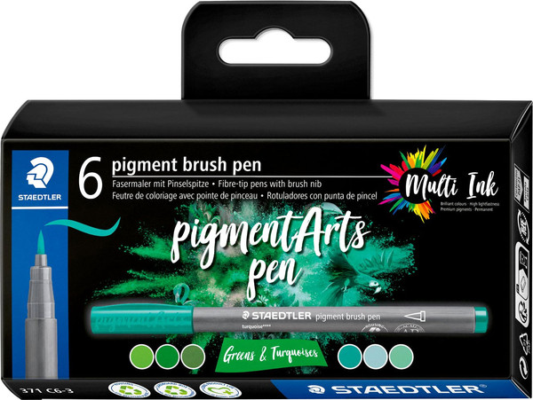 Изображение товара Набор капиллярных ручек Staedtler Pigment Brush. Greens&Turquoises / 371 C6-3 (6цв)