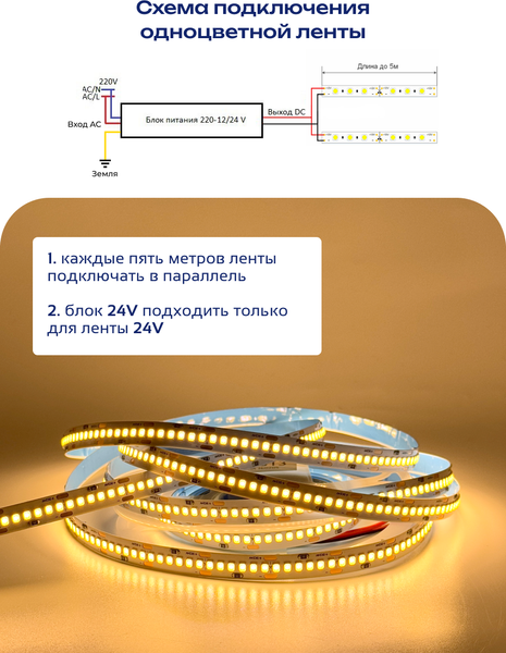 Изображение товара Светодиодная лента Truenergy 24V-240D 19.2W/m 3000K IP20 / 16513 (5м)
