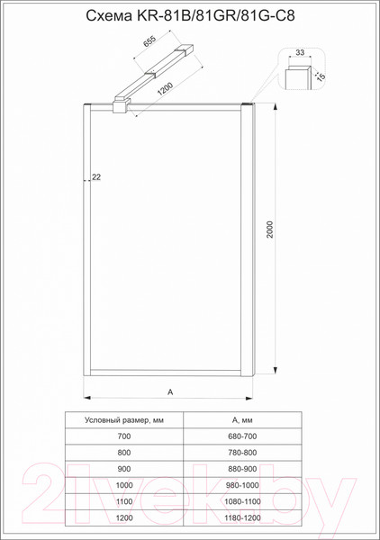Изображение товара Душевая стенка Veconi 90x200 / KR81B-90-01-C8 (стекло прозрачное/черный)