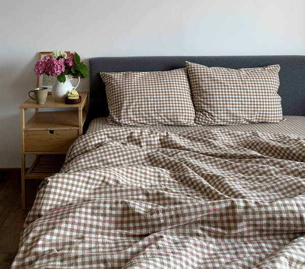 Изображение товара Комплект постельного белья Царство сновидений Вареный хлопок Бежевая Клетка 1.5 / 150-0137