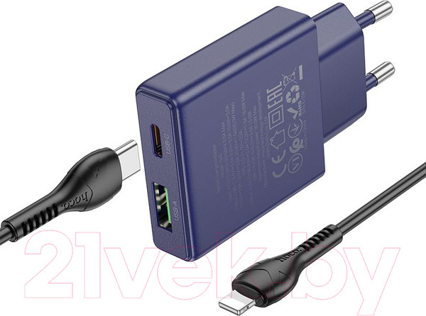 Изображение товара Зарядное устройство сетевое Hoco N45 + кабель Type-C to Lightning (титановый синий)