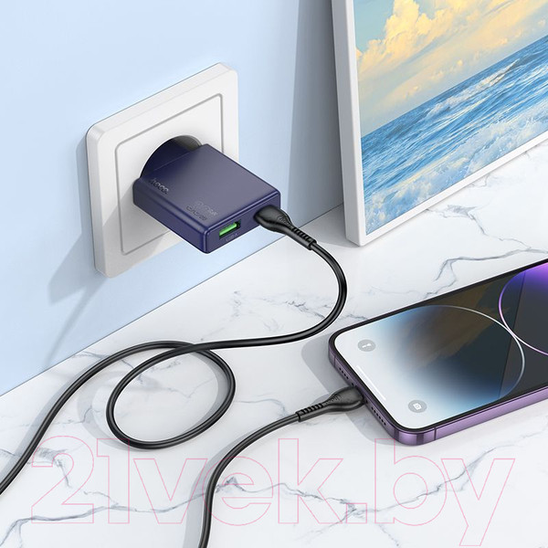 Изображение товара Зарядное устройство сетевое Hoco N45 + кабель Type-C to Lightning (титановый синий)