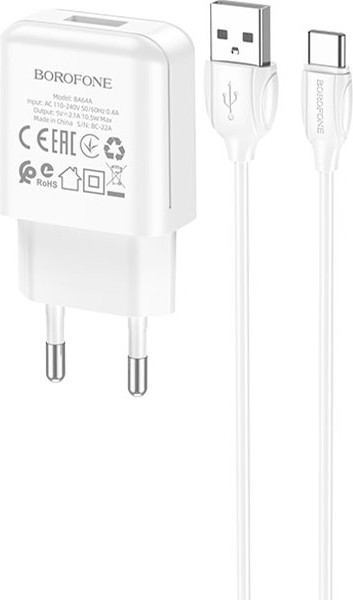 Изображение товара Зарядное устройство сетевое Borofone BA64A + кабель AM-Type-C (белый)