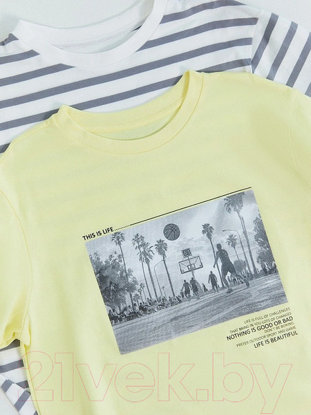 Изображение товара Комплект футболок детских Mark Formelle 113379-2 (р.116-60, лимонад/серая полоска на белом)