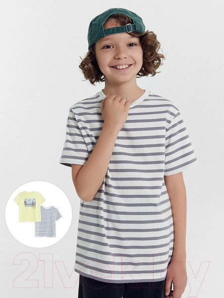 Изображение товара Комплект футболок детских Mark Formelle 113379-2 (р.116-60, лимонад/серая полоска на белом)