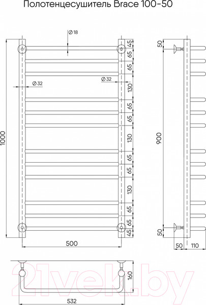 Изображение товара Полотенцесушитель водяной Indigo Brace 100x50 / LBCW100-50 (с боковым подключением)