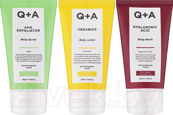 Изображение товара Набор косметики для тела Q+A Travel Trio Гель для душа+Скраб для тела+Лосьон (3x50мл)