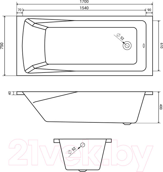 Изображение товара Ванна акриловая Lauter Aurora 170x75 / 21010075 (с ножками)