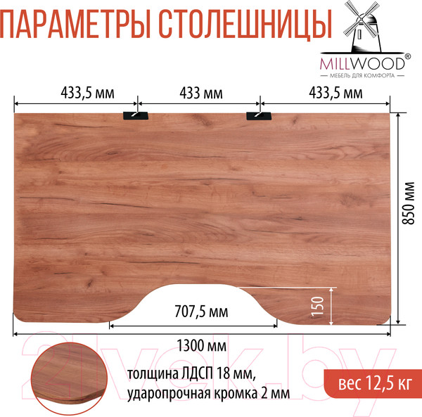 Изображение товара Письменный стол Millwood Каир 1 с вырезом 130x85x75 (дуб табачный Craft/металл черный)