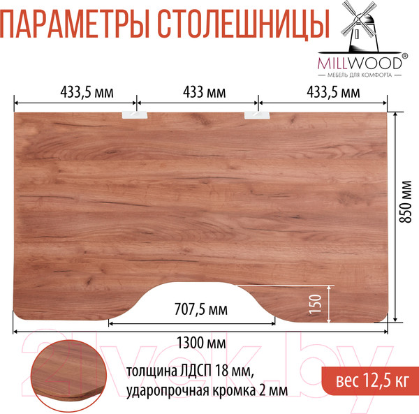 Изображение товара Письменный стол Millwood Каир 1 с вырезом 130x85x75 (дуб табачный Craft/металл белый)