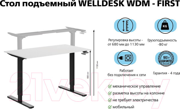 Изображение товара Письменный стол WellDesk WDM First 139.5x80x1.8 (черный/белый)
