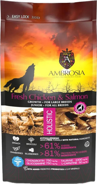 Изображение товара Сухой корм для собак Ambrosia Grain Free для щенков крупных пород курица и лосось / U/ACSL12 (12кг)
