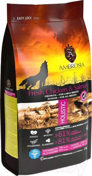 Изображение товара Сухой корм для собак Ambrosia Grain Free для щенков крупных пород курица и лосось / U/ACSL2 (2кг)