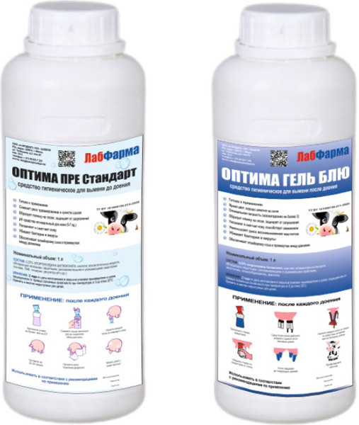 Изображение товара Средство для вымени Лабфарма Оптима Пре Стандарт до доения+Оптима Гель Блю после доения (1л+1л)