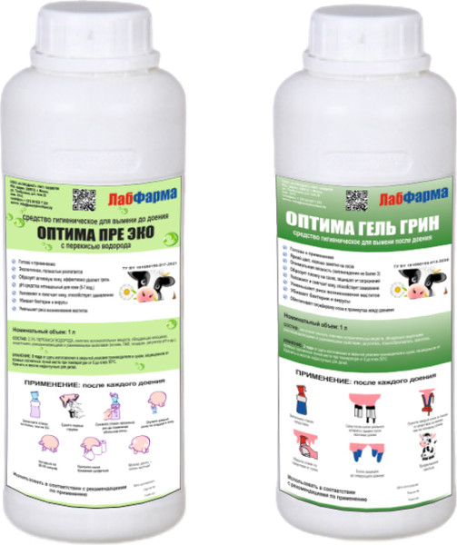 Изображение товара Средство для вымени Лабфарма Оптима Пре Эко до доения+Оптима Гель Грин после доения (1л+1л)