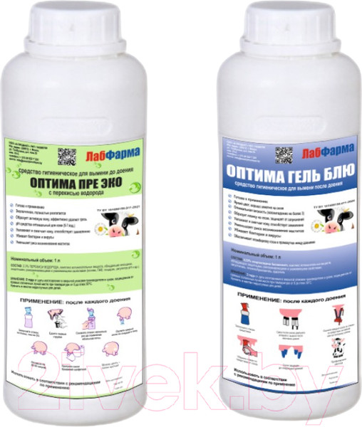 Изображение товара Средство для вымени Лабфарма Оптима Пре Эко до доения+Оптима Гель Блю после доения (1л+1л)