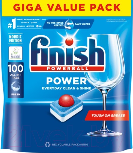 Изображение товара Таблетки для посудомоечных машин Finish Powerball Power AIO Clean & Shine (100шт)