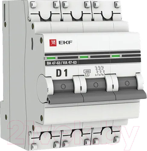 Изображение товара Выключатель автоматический EKF 3P 1А (D) 4.5kA ВА 47-63 / mcb4763-3-01D-pro