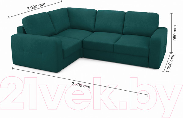 Изображение товара Диван угловой Mio Tesoro Aurora компл.2 левый (Velutto 20 бирюзовый)