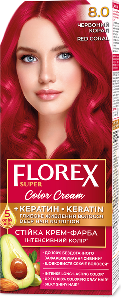 Изображение товара Крем-краска для волос Florex Super Кератин тон 8.0 красный коралл