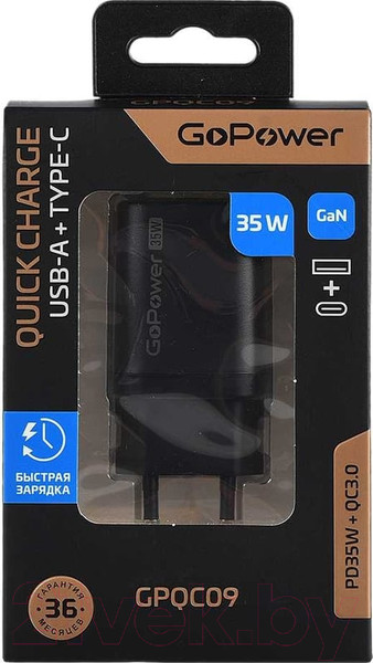 Изображение товара Адаптер питания сетевой GoPower 1USB+1TYPE-C 35W QC3.0 / 00-00028403 (черный)