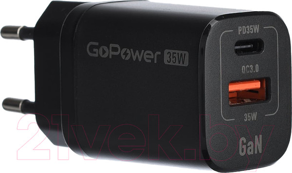 Изображение товара Адаптер питания сетевой GoPower 1USB+1TYPE-C 35W QC3.0 / 00-00028403 (черный)