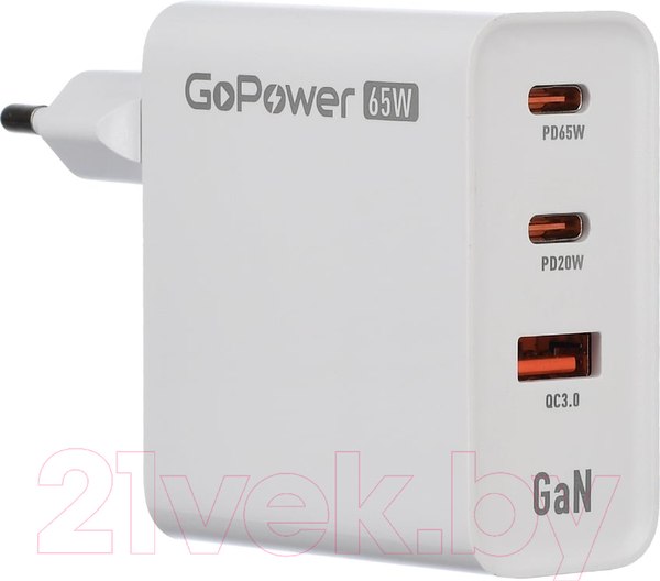 Изображение товара Адаптер питания сетевой GoPower 1USB+2TYPE-C 65W QC3.0 GAN / 00-00028405 (белый)