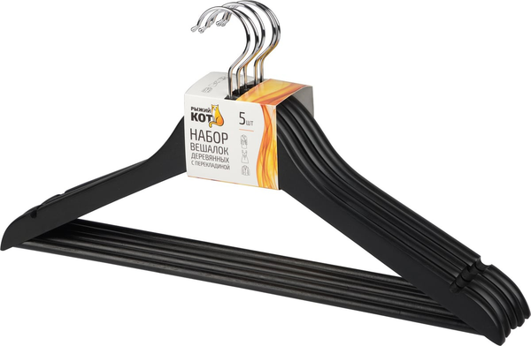 Изображение товара Набор деревянных вешалок-плечиков Рыжий кот 311381 (5шт, черный)