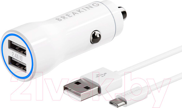 Изображение товара Зарядное устройство автомобильное Breaking А18 2USB + кабель USB-А-USB-C / 23202 (белый)