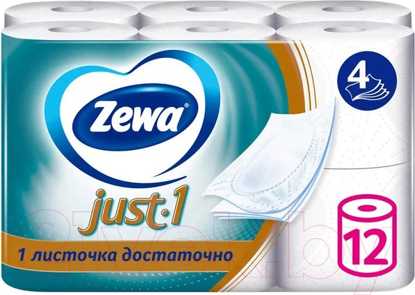 Изображение товара Туалетная бумага Zewa Just 1 4-слойная (12рул)