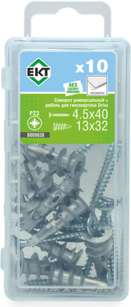 Изображение товара Саморез ЕКТ 4.5х40 + Дюбель для гипсокартонных плит Driva 13x32 / B009838 (10шт)