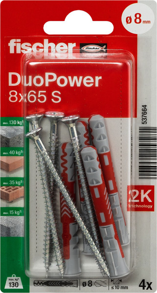 Изображение товара Дюбель распорный FISCHER Duopower 8x65 с саморезом / 537664f (4шт)