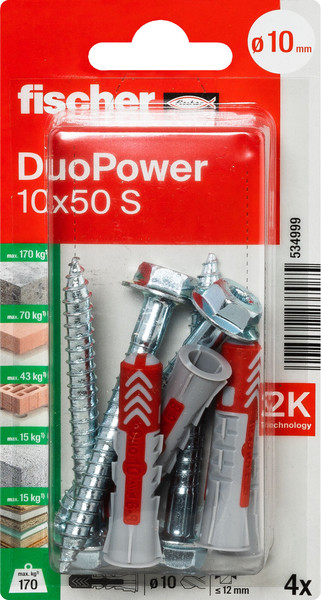 Изображение товара Дюбель распорный FISCHER Duopower 10x50 с саморезом / 534999f (4шт)
