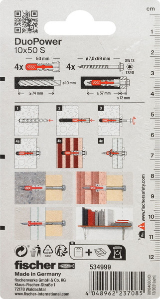 Изображение товара Дюбель распорный FISCHER Duopower 10x50 с саморезом / 534999f (4шт)