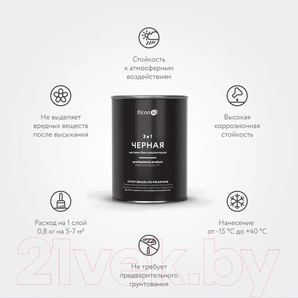 Изображение товара Грунт-эмаль Elcon По ржавчине 3в1 (800г, матовый черный)