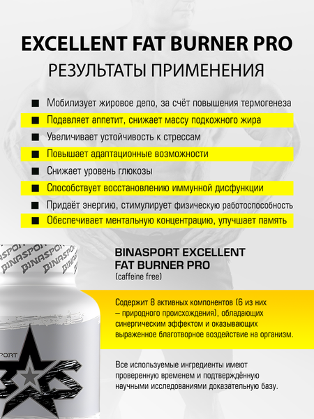 Изображение товара Жиросжигатель Binasport Экселент Фат Бернер Про без кофеина в капсулах (60шт, по 500мг)