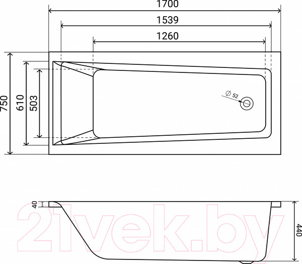 Изображение товара Ванна акриловая Lauter Versailles 170x75 / 21070075 (с ножками, лицевым и торцевым экранами)