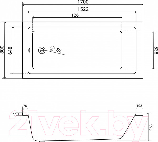 Изображение товара Ванна акриловая Lauter Athena 170x80 / 21090080 (с ножками)