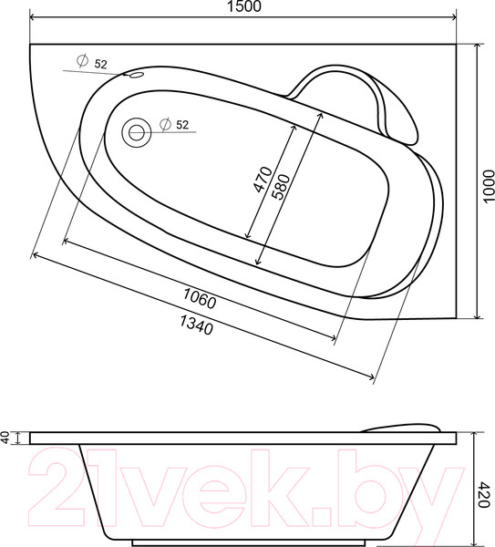 Изображение товара Ванна акриловая Lauter Valencia 150x100 / 2102150R (с ножками)
