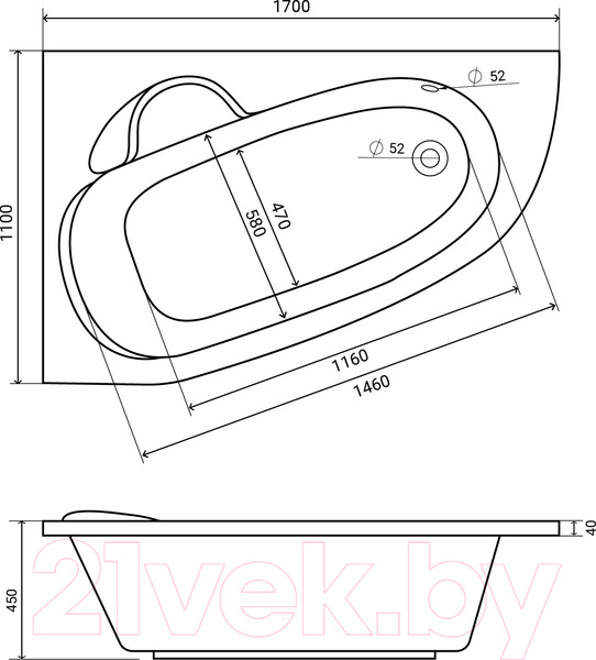 Изображение товара Ванна акриловая Lauter Valencia 170x110 / 2102170L (с ножками)