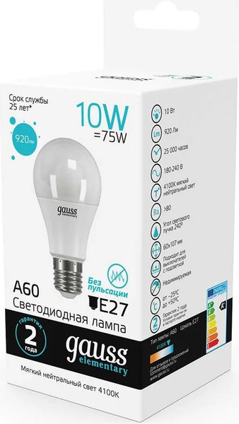 Изображение товара Лампа Gauss Elementary A60 10W 920lm 4100K Е27 / 23220