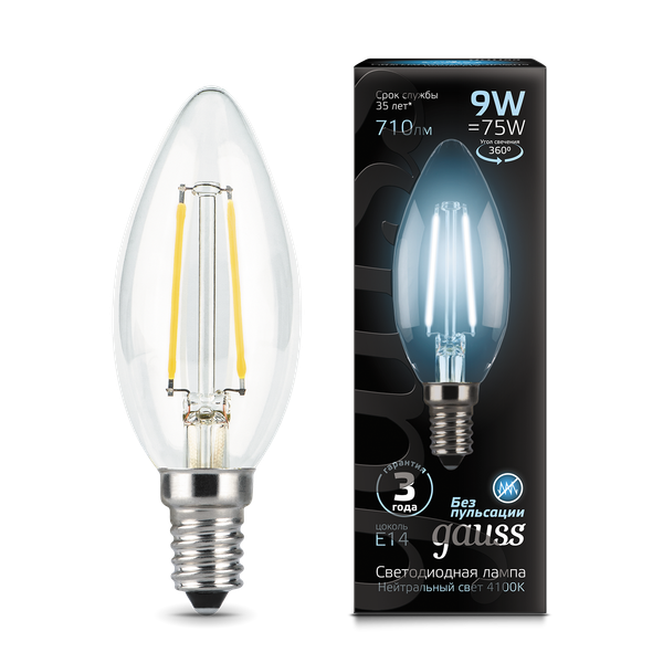 Изображение товара Лампа Gauss Filament Свеча 9W 710lm 4100К Е14 / 103801209