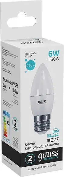 Изображение товара Лампа Gauss Elementary Свеча 6W 450lm 4100K Е27 / 33226