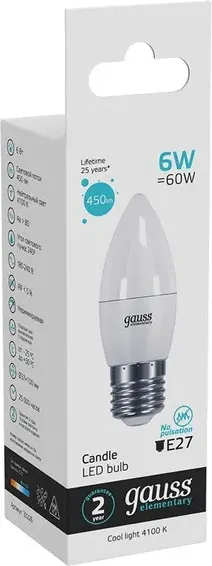 Изображение товара Лампа Gauss Elementary Свеча 6W 450lm 4100K Е27 / 33226