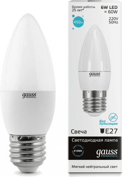 Изображение товара Лампа Gauss Elementary Свеча 6W 450lm 4100K Е27 / 33226